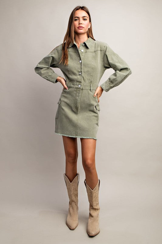 Mineral washed button down dress (dry herb)