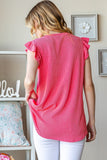 Coral ribbed v-neck top with ruffled sleeves (back)