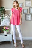 Coral ribbed v-neck top with ruffled sleeves