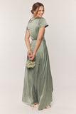 Sage green high-low satin wrap dress (back)