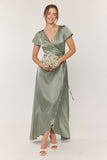 Sage green high-low satin wrap dress 