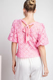 Floral puff sleeve lace blouse (back—with tie)