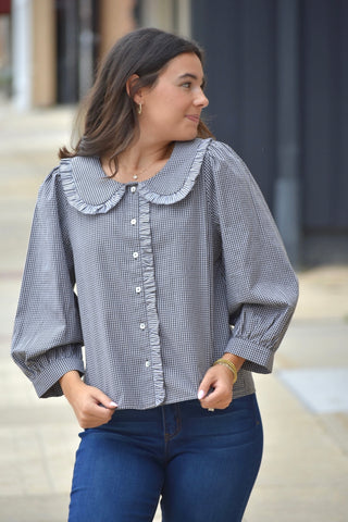 Gingham Ruffle Peter Pan Collar 3/4 Sleeve Blouse