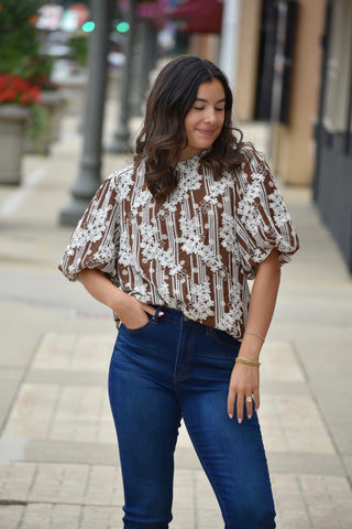 Floral Embroidered Ruffle Neck Chiffon Blouse with Puff Sleeves