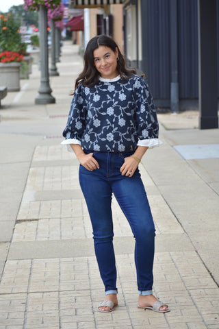 Eliza Vintage-Inspired Floral Embroidered Top with Ruffle Detail