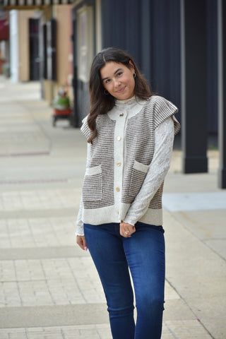 Elena Gold Button Textured Knit Vest – Oatmeal & Brown