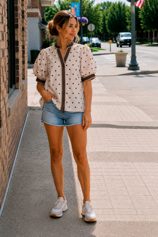 Vintage Chic Polka Dot Puff Sleeve V-Neck Blouse