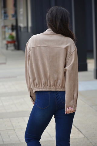 Lux-Soft Faux Suede Zip-Front Utility Jacket - Taupe