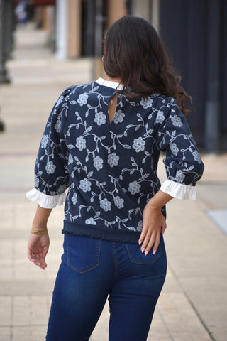 Eliza Vintage-Inspired Floral Embroidered Top with Ruffle Detail