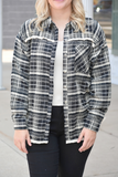 Black plaid flannel shacket with fringe edge