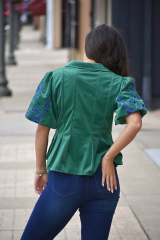 Green Embroidered Corduroy Puff Sleeve Blouse