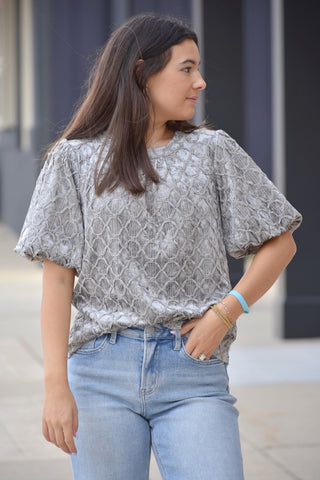Silver Trellis Crushed Velvet Bubble Sleeve Blouse