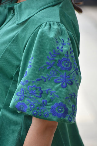 Green Embroidered Corduroy Puff Sleeve Blouse