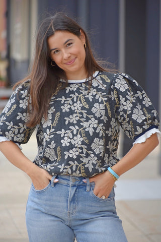 Chez Floral Embroidered Puff Sleeve Top – Banded Fall Top