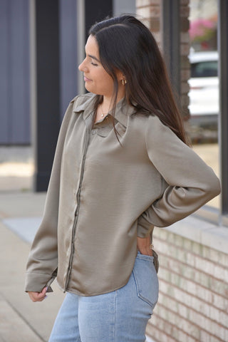 Elegant Olive Satin Long Sleeve Button-Down Blouse