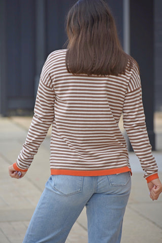 Autumn Mocha & Orange Striped Contrast Sweater