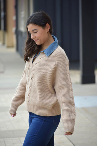 Denim Collar Cable Knit Sweater – Chic 2-in-1 Layered Pullover