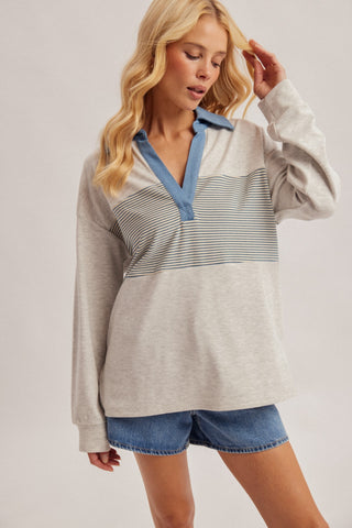 Coastal Contrast Denim Trim Striped Pullover