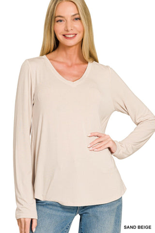 Flowy Round Hem V-Neck Long Sleeve Top