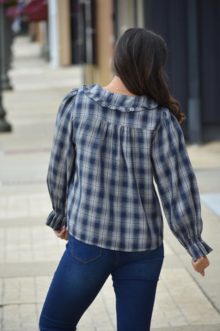 Paula Navy Plaid Ruffle Peter Pan Collar Blouse