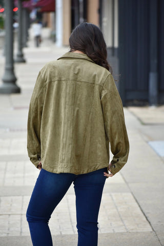 Premium Olive Suede Collared Button-Down Jacket