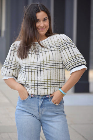 Cozy Plaid Sherpa Puff Sleeve Top – Chic Short Sleeve Fleece