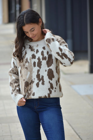 Wild Side Relaxed Animal Print Crew Neck Sweater - Taupe Multi