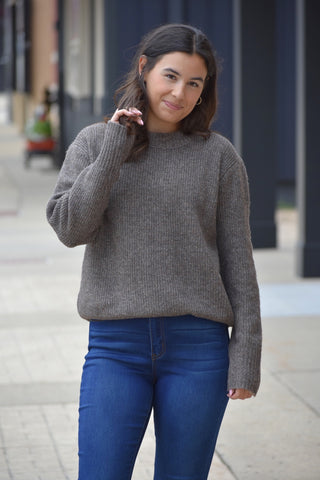 Mocha Ribbed Crew Neck Sweater – Relaxed Fit Pullover