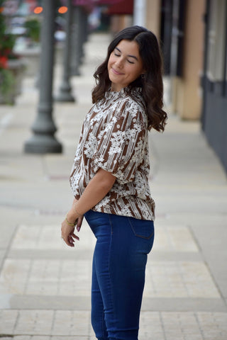 Floral Embroidered Ruffle Neck Chiffon Blouse with Puff Sleeves