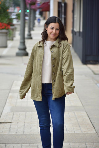 Premium Olive Suede Collared Button-Down Jacket