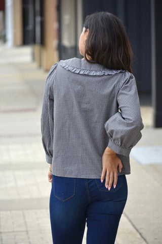 Gingham Ruffle Peter Pan Collar 3/4 Sleeve Blouse