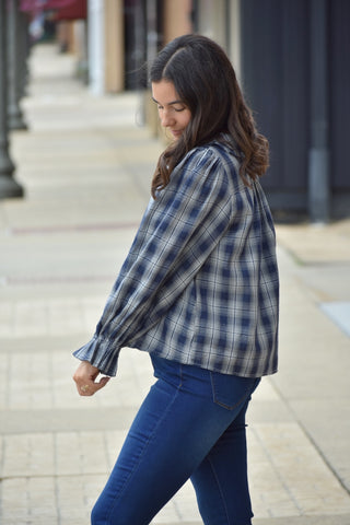 Paula Navy Plaid Ruffle Peter Pan Collar Blouse