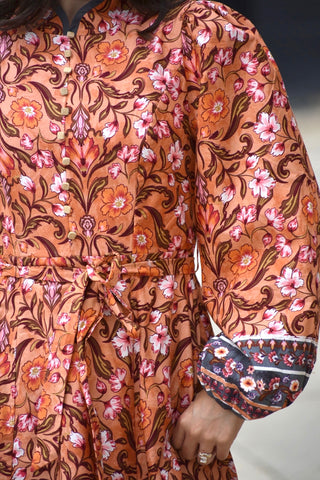 Sandra Salmon Floral Mandarin Collar Mini Dress