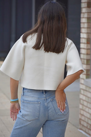 Eleanor Cream Cropped Knit Cardigan – Bold Button 3/4 Sleeve Sweater