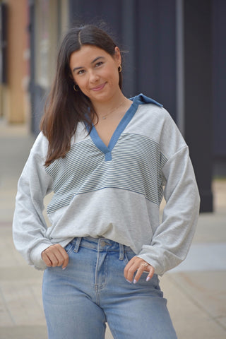 Coastal Contrast Denim Trim Striped Pullover