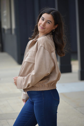 Lux-Soft Faux Suede Zip-Front Utility Jacket - Taupe
