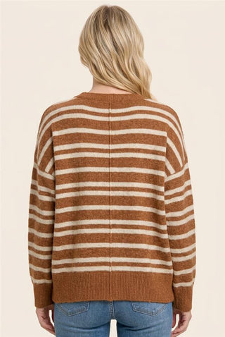 Pumpkin Spice Stripe Relaxed Center-Seam Sweater — Camel & Cream