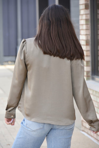Elegant Olive Satin Long Sleeve Button-Down Blouse