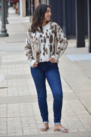 Wild Side Relaxed Animal Print Crew Neck Sweater - Taupe Multi