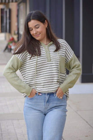 Sage Striped Henley Hooded Sweater | Cozy Fall Knit