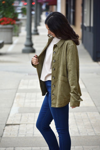 Premium Olive Suede Collared Button-Down Jacket