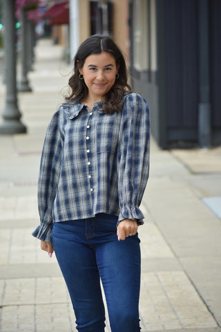 Paula Navy Plaid Ruffle Peter Pan Collar Blouse