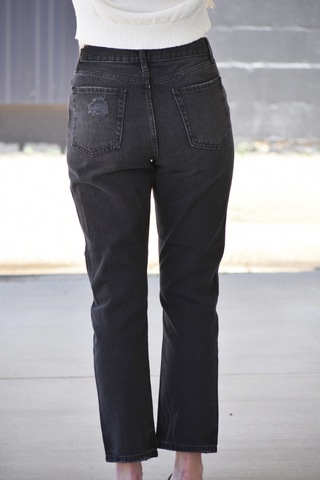 Black denim high rise straight jeans 