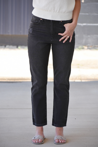 Black denim high rise straight jeans 