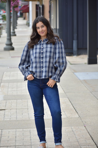 Paula Navy Plaid Ruffle Peter Pan Collar Blouse