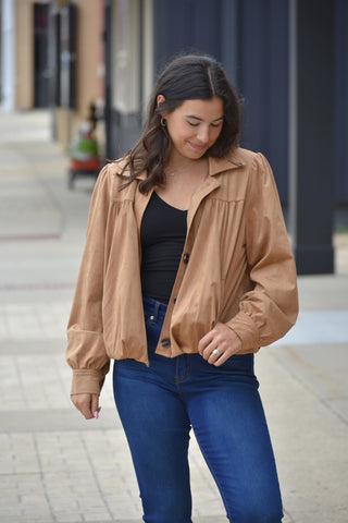 Gathered Suede Bubble Hem Jacket – Pleated Chic Outerwear