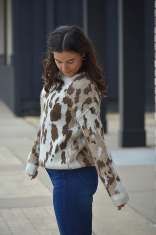 Wild Side Relaxed Animal Print Crew Neck Sweater - Taupe Multi
