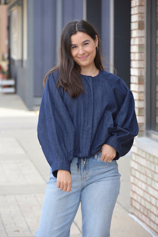 Indigo Collarless Denim Bomber Jacket