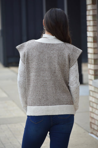 Elena Gold Button Textured Knit Vest – Oatmeal & Brown