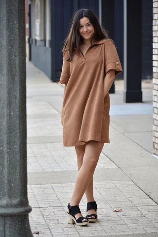 Caramel Faux Suede Collared Mini Dress with Pockets